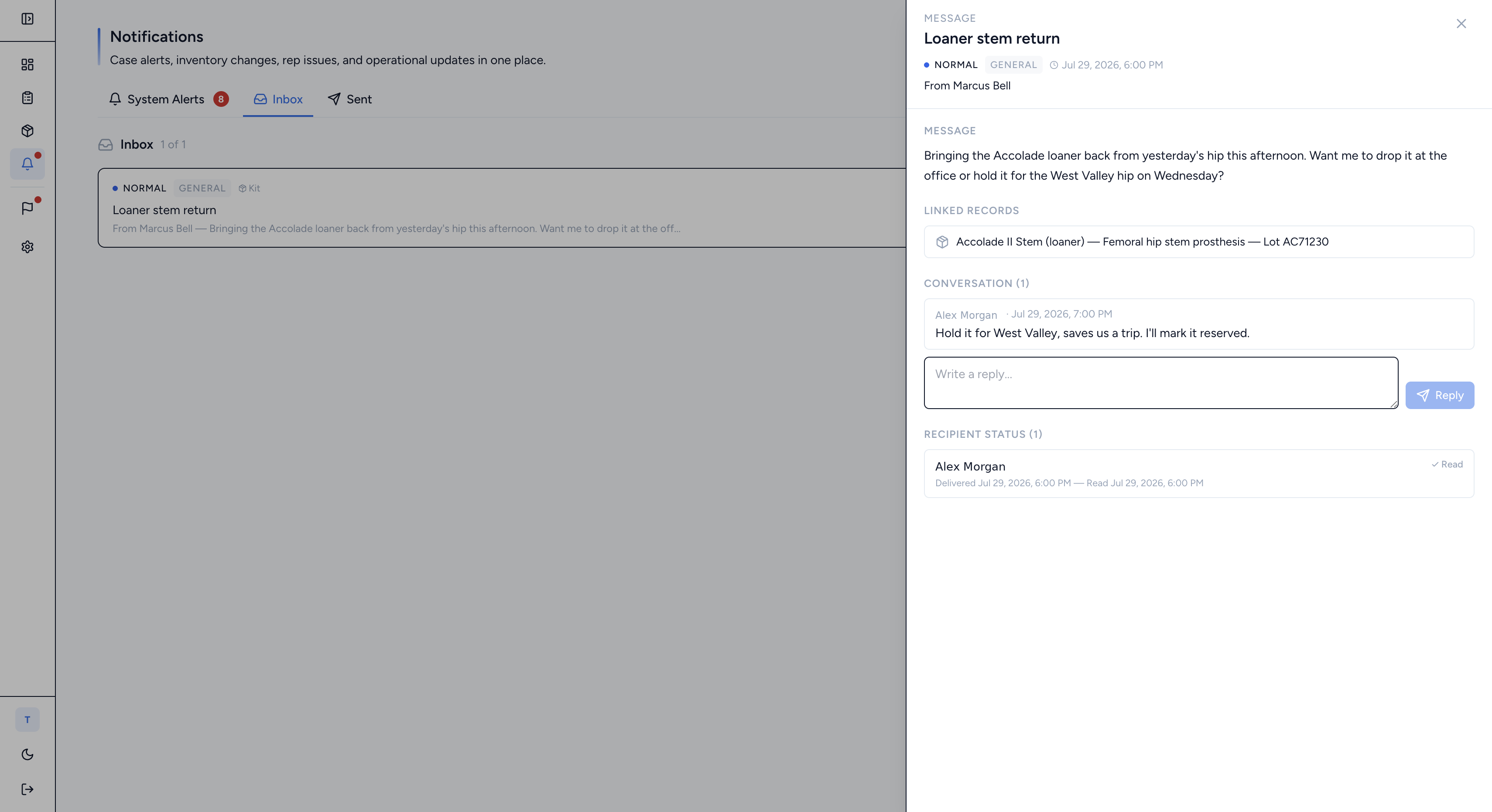 Notifications inbox with a threaded message and read status
