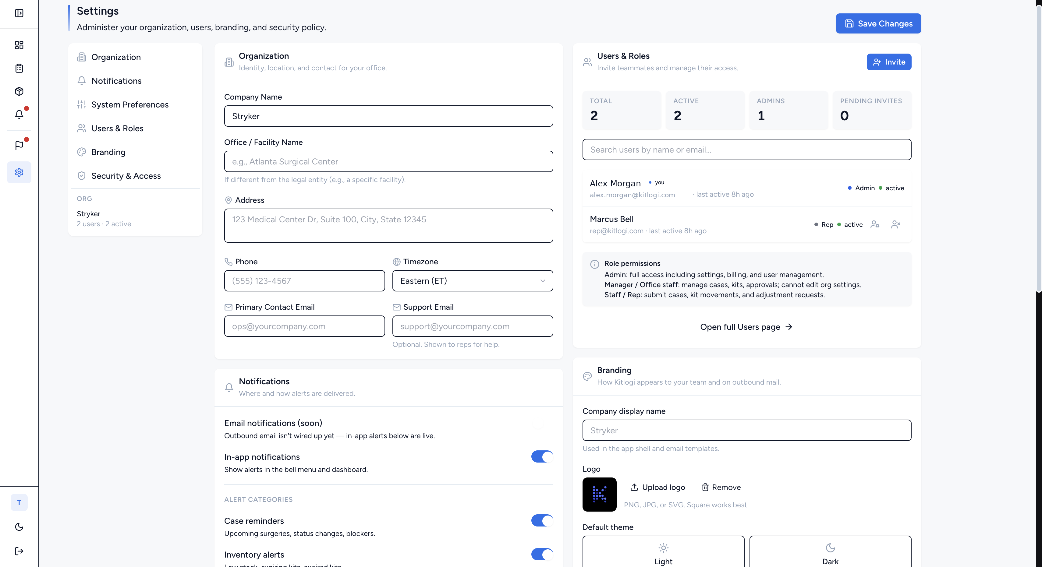 Settings page with users, roles, and permissions
