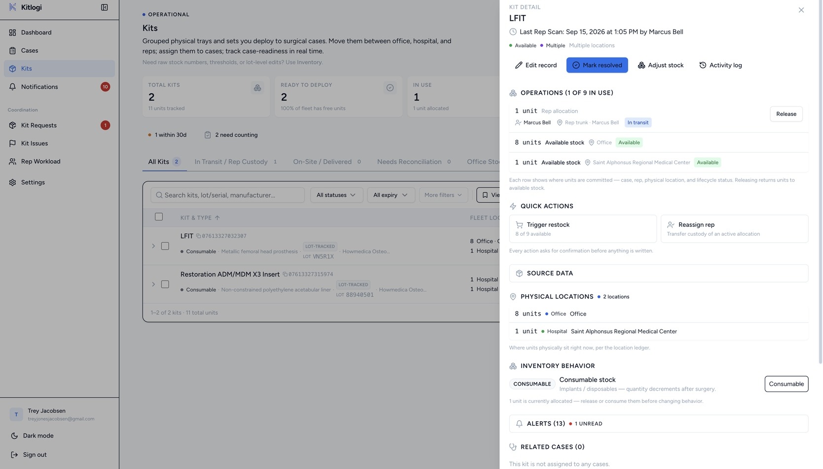 Kitlogi office app: kit detail drawer with allocations, location breakdown, and operations section
