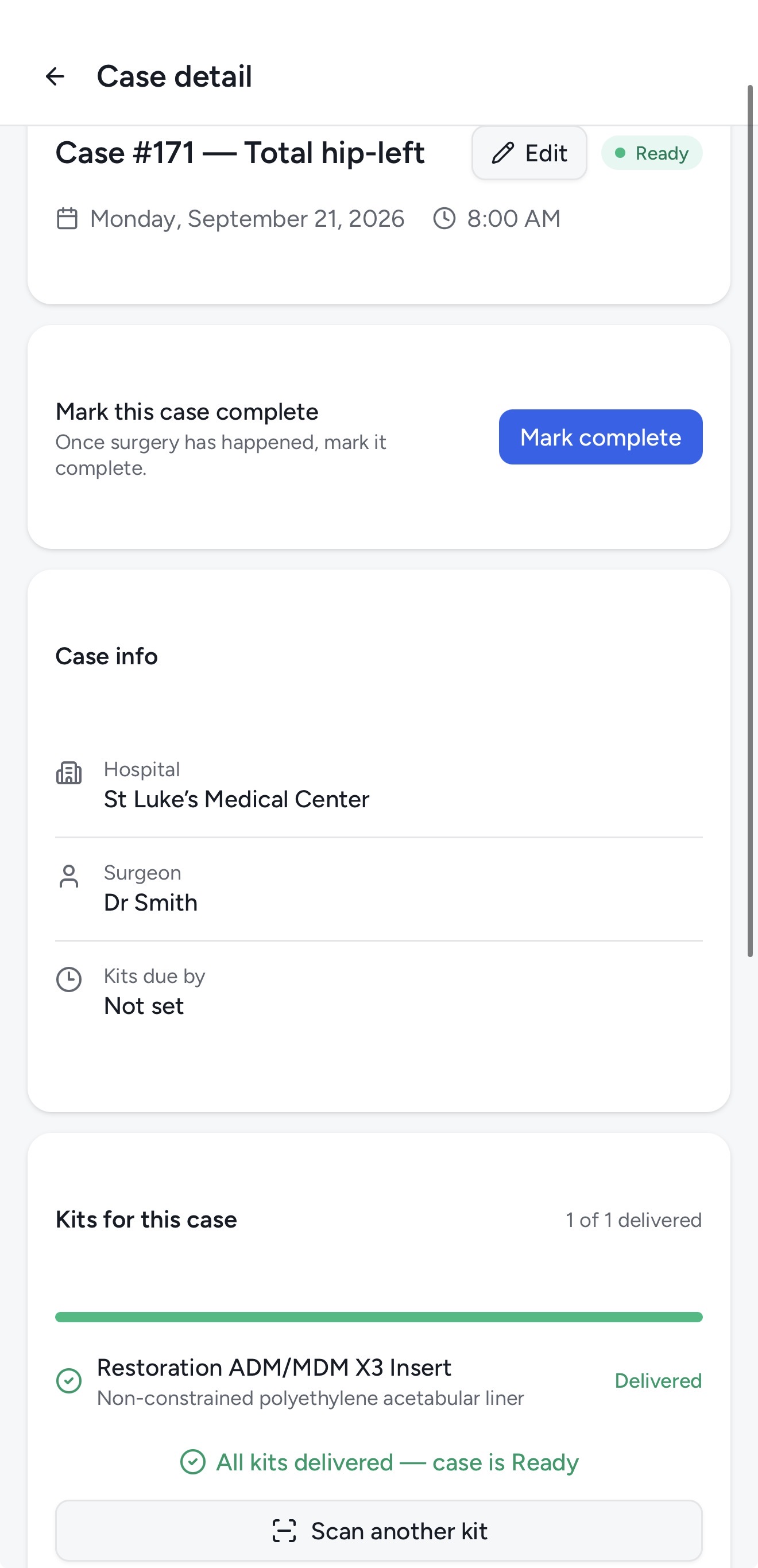 Kitlogi rep app: case marked ready after kit delivery confirmed